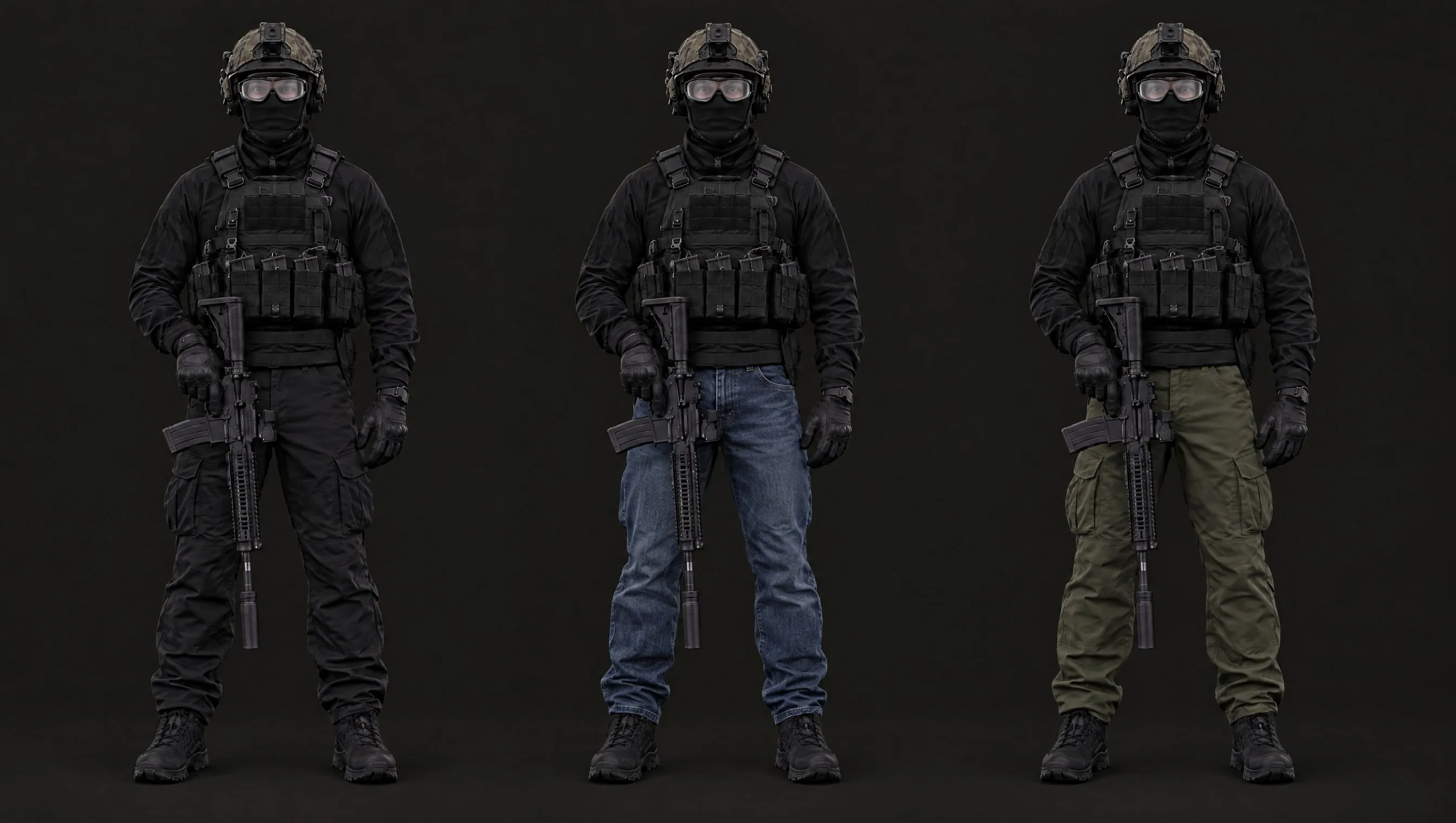 Narcos uniform examples: black shirt with black pants, with jeans, or with OD green pants