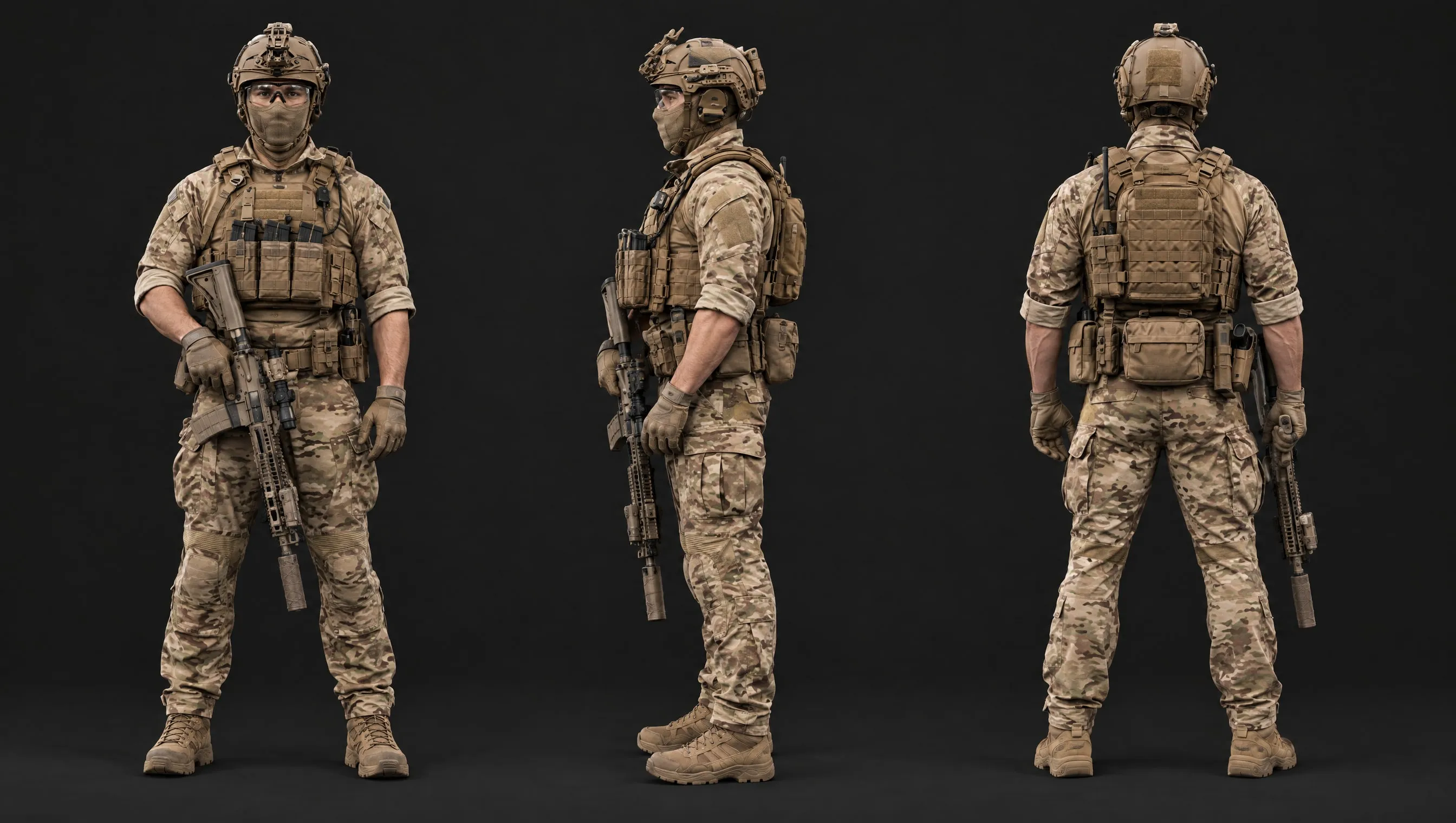 PMC uniform example shown from the front, side and back: tan camouflage shirt and pants